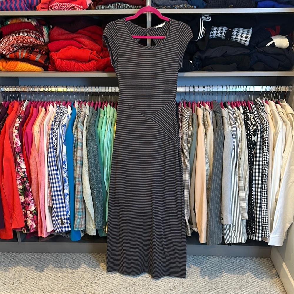 Misope navy/tan striped open back cap sleeve t shirt maxi dress size S